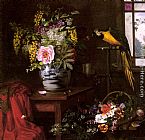 Olaf August Hermansen A Still Life With A Vase, Basket And Parrot painting